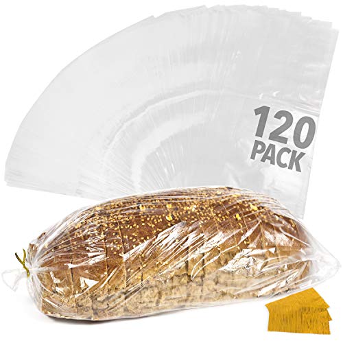 [120 Pack] Plastic Bread Bags for Homemade Bread or Bakery - Heavy Duty Bread Loaf Bags with Ties - Clear Bread Wrappers Storage Packaging - Reusable Bag for Large Loaves - 8” x 4” x 18”