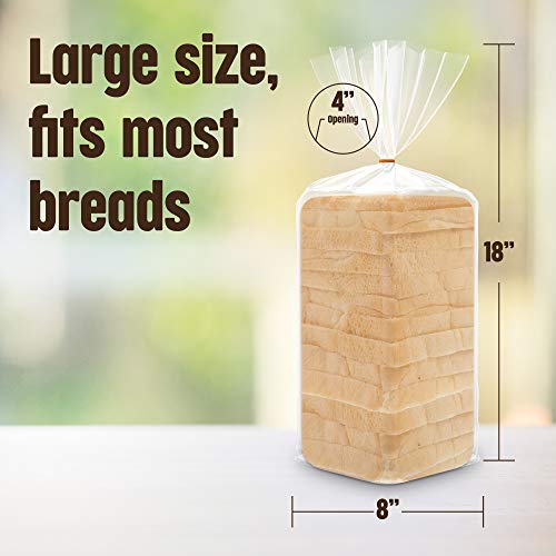 [120 Pack] Plastic Bread Bags for Homemade Bread or Bakery - Heavy Duty Bread Loaf Bags with Ties - Clear Bread Wrappers Storage Packaging - Reusable Bag for Large Loaves - 8” x 4” x 18”