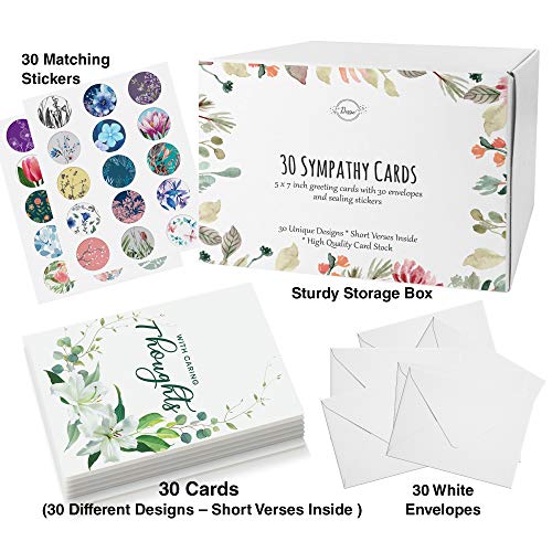 Dessie Unique Sympathy Cards With Greetings Inside, Envelopes and Matching Sealing Stickers. Includes Sturdy Storage Box, 30 Large Cards