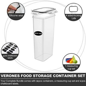 VERONES Cereal Storage Container Set, 36pcs Airtight Food Storage Containers, BPA Free Kitchen Pantry Organization for Flour, Sugar, Cereal Plastic Canisters with Black Locking Lids