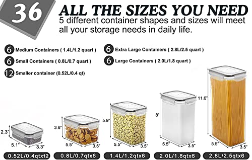 VERONES Cereal Storage Container Set, 36pcs Airtight Food Storage Containers, BPA Free Kitchen Pantry Organization for Flour, Sugar, Cereal Plastic Canisters with Black Locking Lids