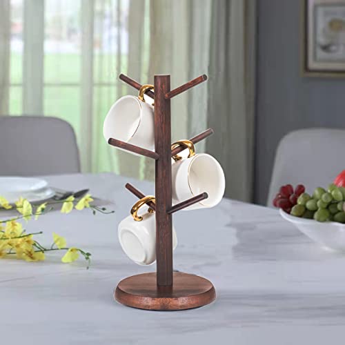 Dorhors Coffee Mug Holder,Coffee Mug Tree,Coffee Organizer Station with 6 Hooks,Wood Coffee Mug Holders for Counter,Coffee Bar Accessories and Decor,Walnut