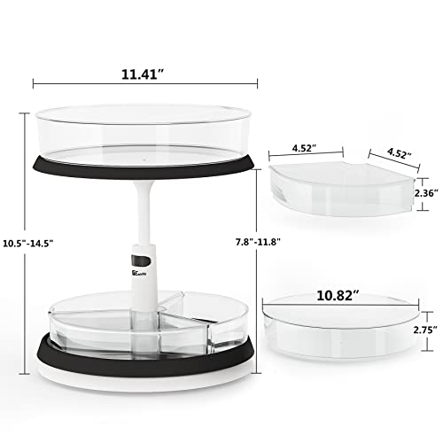 2-Tier Lazy Susan Turntable and Height Adjustable Cabinet Organizer with 1x Large Bin and 3 x Divided Bins, Removable, Clear Spice Rack Organizer for Cabinet, Pantry, Kitchen (2 Tier w/Bins)