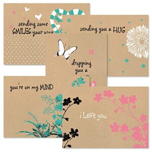 thinking of you kraft greeting card value pack – set of 20 (5 designs), large 5″ x 7″ friendship cards, envelopes included