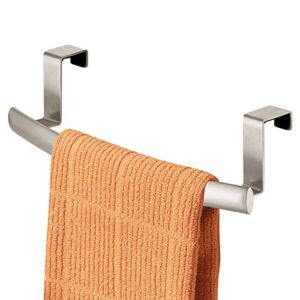 mDesign Steel Over Door Curved Towel Bar Storage, Hanger for Cabinet or Cupboard, Holder Rack for Kitchen, Bathroom - Holds Hand/Dish Towels, Washcloths - Spira Collection - Satin