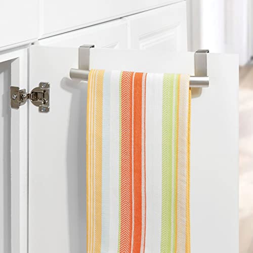 mDesign Steel Over Door Curved Towel Bar Storage, Hanger for Cabinet or Cupboard, Holder Rack for Kitchen, Bathroom - Holds Hand/Dish Towels, Washcloths - Spira Collection - Satin