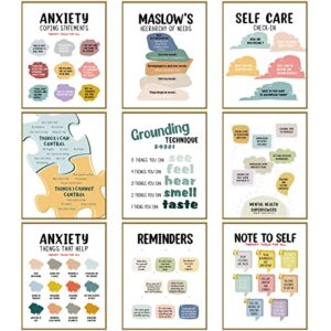 9 pieces mental health posters anxiety therapy motivational poster psychologist counselor inspirational posters positive quotes wall decor classroom for home office, 8 x 10 inch(retro style)