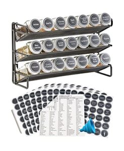 gongshi 3 tier spice rack organizer with 21 empty spice jars, 386 spice labels, chalk marker and funnel set for countertop cabinet pantry or wall door mount – black