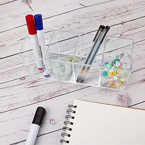 Acrylic Pen Holder 4 Compartments,Clear Pen Holder Organizer Makeup Brush Holder for Office Desk Accessories,Cosmetic Brush Storage Box,Dorm,Bathroom,Kitchen (Clear)