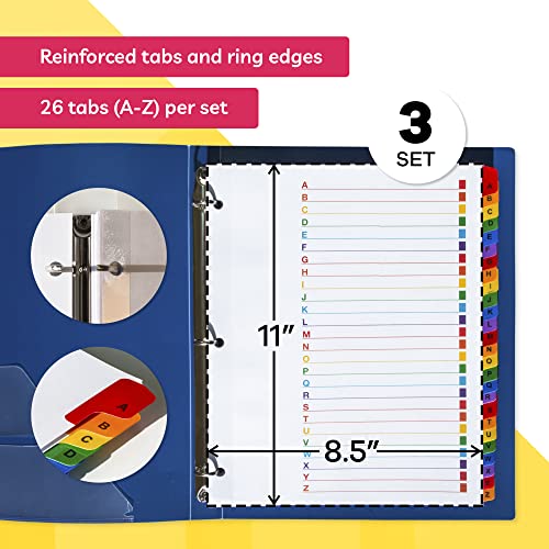 Alphabet Binder Dividers for 3 Ring Binder (3 Sets x 26 Tabs) Binder Tabs Dividers - 3 Ring Binder Dividers with Tabs - Tabs for Binders with Table of Contents Page - ABC A-Z Dividers // Paper Plan