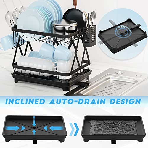 VOGWOLTH Dish Drying Rack, 2 Tier Collapsible Dish Drying Rack with Drainboard for Kitchen Counter Plate Holder Dishes Drainer Dryer Dishrack Dry Stand Folding Countertop Organizer Accessories