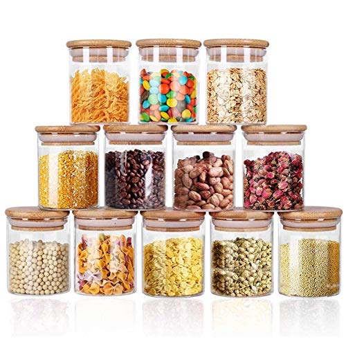 Yibaodan Glass Jars Set 9OZ, 12 Set Glass Spice Jars with Bamboo Airtight Lids and Labels, Food Cereal Storage Large Spice Containers for Home Kitchen Tea Herbs Coffee Flour Herbs Grains