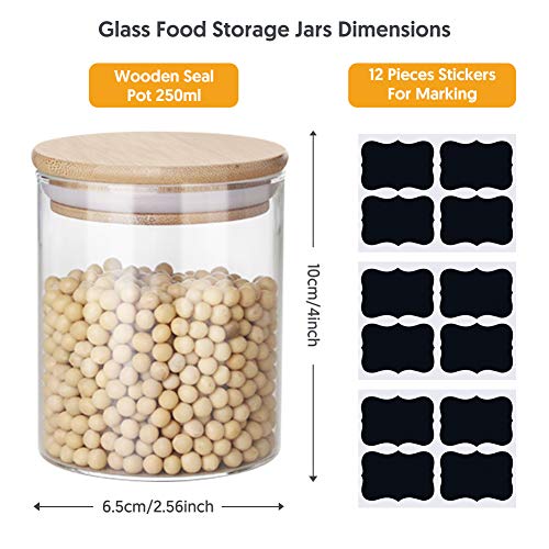 Yibaodan Glass Jars Set 9OZ, 12 Set Glass Spice Jars with Bamboo Airtight Lids and Labels, Food Cereal Storage Large Spice Containers for Home Kitchen Tea Herbs Coffee Flour Herbs Grains