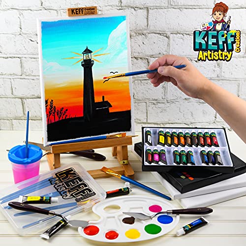 KEFF Acrylic Paint Set for Adults - Art Painting Supplies Kit with Tabletop Easel, Brushes, Canvas, Acrylic, Palette, Paint Knives & Cup for Professional & Beginners
