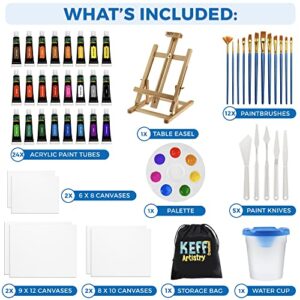 KEFF Acrylic Paint Set for Adults - Art Painting Supplies Kit with Tabletop Easel, Brushes, Canvas, Acrylic, Palette, Paint Knives & Cup for Professional & Beginners