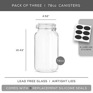 Airtight Glass Jars with Lids Set of 3. 78oz Glass Jar with Lid and 6 Silicone Seals! Large Glass Food Storage Containers. Square Mason Jar, Candy Jar, Flour Jar, Pasta Containers for Pantry