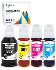 topkolor compatible t502 502 refill ink bottle kit for et-2760 et-2750 et-3750 et-4760 et-4750 et-3760 et-3710 et-3700 et-2700 st-2000 st-3000 et-2803 printer, 4-pack