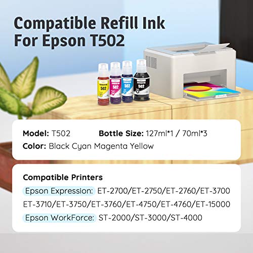 Topkolor Compatible T502 502 Refill Ink Bottle Kit for ET-2760 ET-2750 ET-3750 ET-4760 ET-4750 ET-3760 ET-3710 ET-3700 ET-2700 ST-2000 ST-3000 ET-2803 Printer, 4-Pack