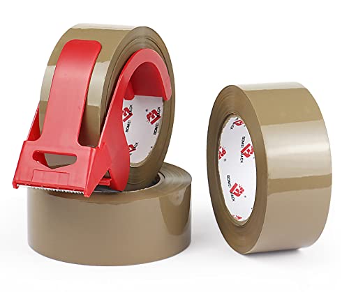 BOMEI PACK 3 Pack Heavy Duty Brown Packing Tape with Dispenser, 2.6 mil, 1.88 inch x 110 Yards, Brown Tape Refills for Industrial Shipping Box Packaging Tape for Moving, Office, & Storage