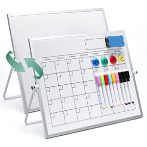 dry erase white board,16”x12” large magnetic calendar whiteboard with stand, 9 markers, 4 magnets,1 eraser, double-sided portable whiteboard easel for office, students memo to do list