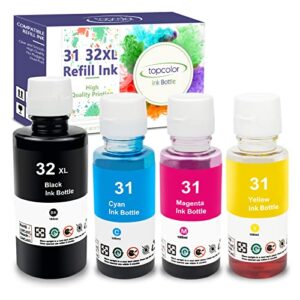 topcolor compatible ink bottle replacement for hp 31 32xl ink for hp smart-tank 7301 6001 7602 5101 7001 plus 551 651 455 457 450 all-in-one ink-tank printer, 165ml black, 100ml cyan magenta yellow