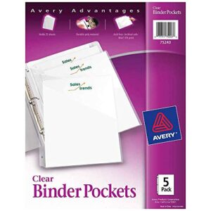 avery binder pockets, clear, 8.5″ x 11″, acid-free, durable, 5 pockets, 3 packs (75296)