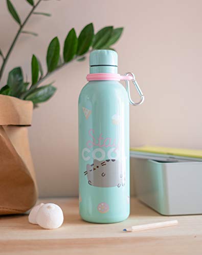 Grupo Erik Official Pusheen Water Bottle-Sports Bottle-500ml / 17OZ, Stainless Steel, Vacuum Insulated Water Bottle, Double Wall Reusable Water Bottle With Carabiner, BPA Free, Kawaii Water Bottle