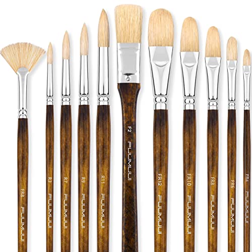 Professional Oil Paint Brush Set, Fuumuui 11pcs Superior Hog Bristle Paint Brushes Perfect for Oil Acrylic Gouache Painting