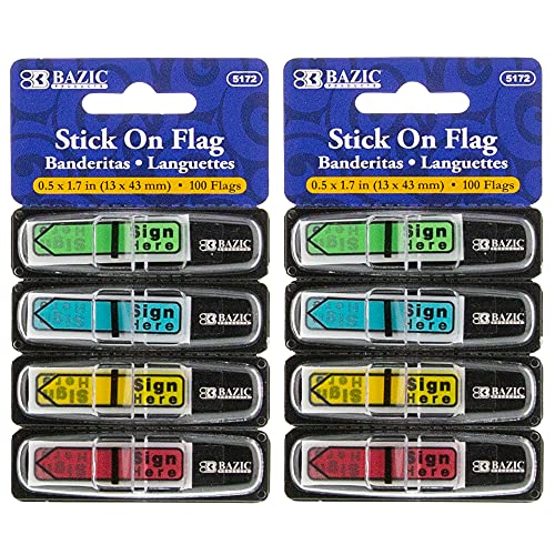 BAZIC Neon Page Markers Dispensers 0.5x1.7 Sign Here Neon Colored PET Arrow Flag Index Tabs, Page Bookmarks File Tab (100 Flags/Pack), 2-Packs