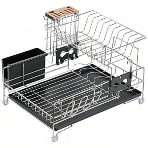 slhsy dish drying rack, stainless steel 2-tier dish rack with cup holder utensil holder cutting board holder knife holder drain board for kitchen counter
