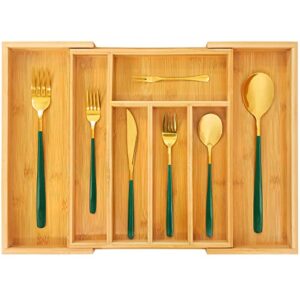 mxbamhyc 2 pack silverware organizer for drawer,bamboo expandable kitchen flatware organizer,adjustable utensil cutlery organizer/holder.