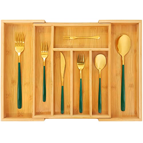 Mxbamhyc 2 Pack Silverware Organizer for Drawer,Bamboo Expandable Kitchen Flatware Organizer,Adjustable Utensil Cutlery Organizer/Holder.