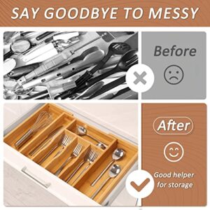 Mxbamhyc 2 Pack Silverware Organizer for Drawer,Bamboo Expandable Kitchen Flatware Organizer,Adjustable Utensil Cutlery Organizer/Holder.