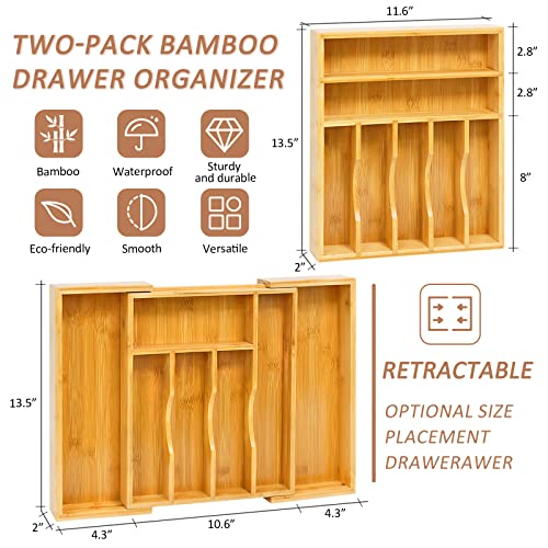 Mxbamhyc 2 Pack Silverware Organizer for Drawer,Bamboo Expandable Kitchen Flatware Organizer,Adjustable Utensil Cutlery Organizer/Holder.