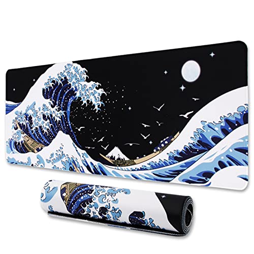 MEWOOCUE Gaming Laptop Mouse Pad, Sea Wave Big Desk Pads PC Keyboard Waterproof and Non-Slip 31.02 x 11.8inches 3mm Thick XL,XXL Rubber Table Mat, Kanagawa Surfing and Black