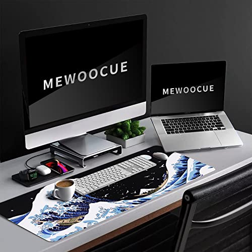 MEWOOCUE Gaming Laptop Mouse Pad, Sea Wave Big Desk Pads PC Keyboard Waterproof and Non-Slip 31.02 x 11.8inches 3mm Thick XL,XXL Rubber Table Mat, Kanagawa Surfing and Black