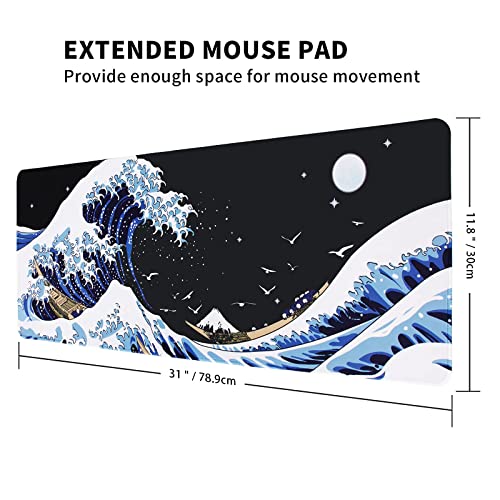 MEWOOCUE Gaming Laptop Mouse Pad, Sea Wave Big Desk Pads PC Keyboard Waterproof and Non-Slip 31.02 x 11.8inches 3mm Thick XL,XXL Rubber Table Mat, Kanagawa Surfing and Black