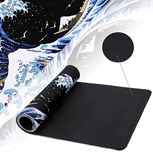 MEWOOCUE Gaming Laptop Mouse Pad, Sea Wave Big Desk Pads PC Keyboard Waterproof and Non-Slip 31.02 x 11.8inches 3mm Thick XL,XXL Rubber Table Mat, Kanagawa Surfing and Black