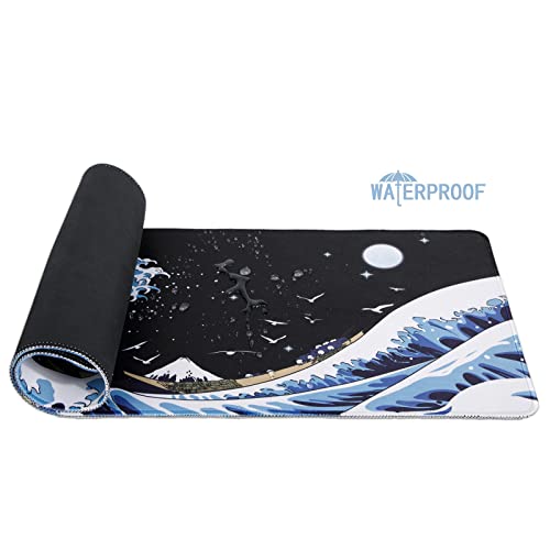 MEWOOCUE Gaming Laptop Mouse Pad, Sea Wave Big Desk Pads PC Keyboard Waterproof and Non-Slip 31.02 x 11.8inches 3mm Thick XL,XXL Rubber Table Mat, Kanagawa Surfing and Black
