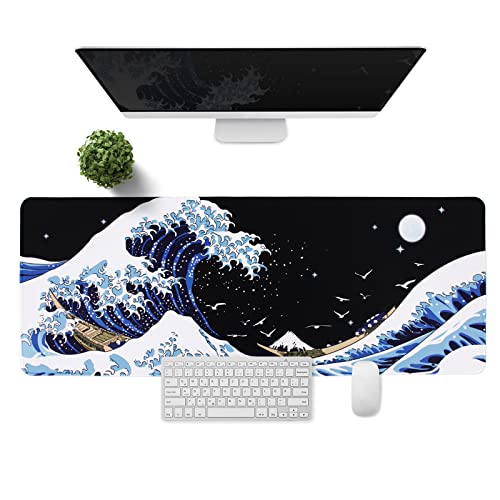 MEWOOCUE Gaming Laptop Mouse Pad, Sea Wave Big Desk Pads PC Keyboard Waterproof and Non-Slip 31.02 x 11.8inches 3mm Thick XL,XXL Rubber Table Mat, Kanagawa Surfing and Black