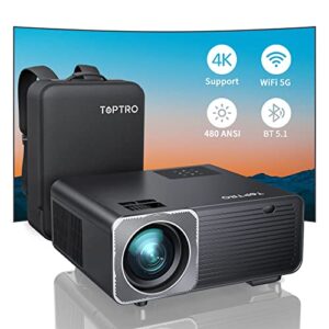 5g wifi bluetooth projector, toptro tr22 outdoor projector 4k supported, 480 ansi lumen, smart touch keys, 4d/4p keystone correction, full sealed optical movie projector compatible with ios/android