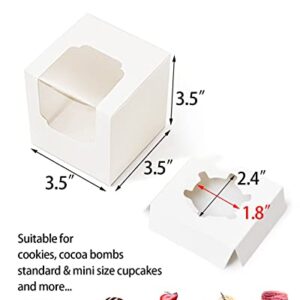 Happyhiram Cupcake Boxes 50 Pcs White Individual Cupcake Box, Single Cupcake Containers Cardboard Holders with Inserts and Window for Muffins Cocoa Bombs Packaging Togo Boxes for Birthdays Showers Party Favors Packing