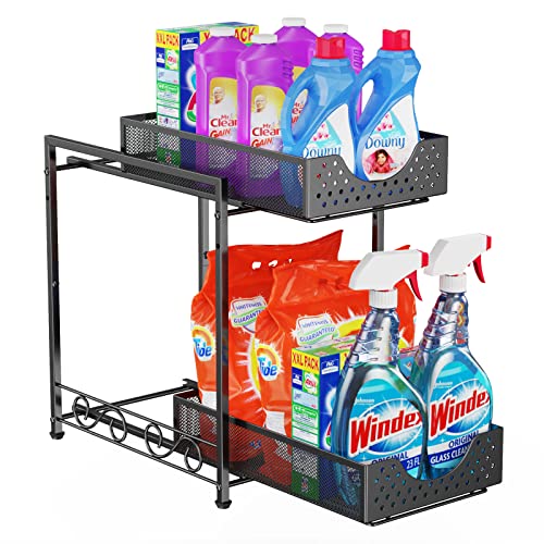 Under Sink Organizers and Storage, Bathroom Cabinet Organizer and Storage, 2 Tier Pull Out Under Cabinet Organizers and Storage, Metal Rolling Kitchen Sink Storage Organizer with Non-slip Feet