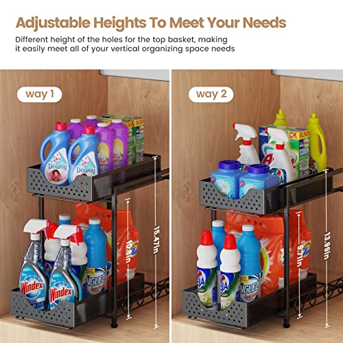 Under Sink Organizers and Storage, Bathroom Cabinet Organizer and Storage, 2 Tier Pull Out Under Cabinet Organizers and Storage, Metal Rolling Kitchen Sink Storage Organizer with Non-slip Feet