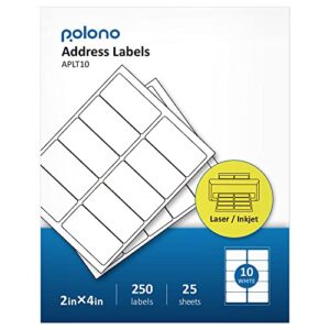 2" x 4" Shipping Address Labels Compatible with Avery 5163, 8163, POLONO Internet Mailing Shipping Labels, White Sticker Labels for Laser/Ink Jet Printers, Permanent Adhesive (250 Labels, 25 Sheets)