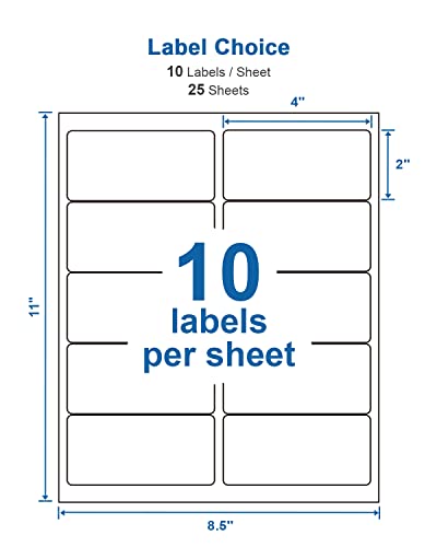 2" x 4" Shipping Address Labels Compatible with Avery 5163, 8163, POLONO Internet Mailing Shipping Labels, White Sticker Labels for Laser/Ink Jet Printers, Permanent Adhesive (250 Labels, 25 Sheets)