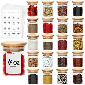 juneheart 4oz glass spice jars set with bamboo lids and 194 labels, 20 pcs clear food storage containers for pantry kitchen sugar salt coffee tea beans
