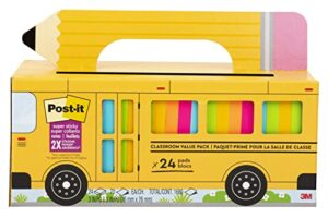 post-it super sticky notes value pack, 24 pads, convenient school bus carry and storage case, 2x the sticking power, 3×3 in, bright colors (orange, pink, blue, green, yellow), recyclable (654-24ssbus)