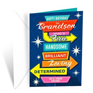 birthday card for grandson | made in america | eco-friendly | thick card stock with premium envelope 5in x 7.75in | packaged in protective mailer | prime greetings
