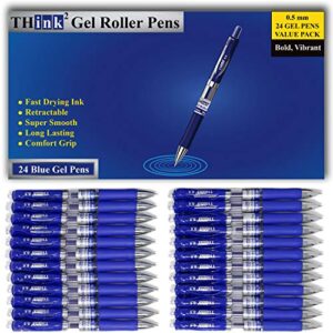 think2master [24 pens – blue ink] think2 retractable gel pens. (24 blue) fine point (0.5mm) rollerball pens with comfort grip.